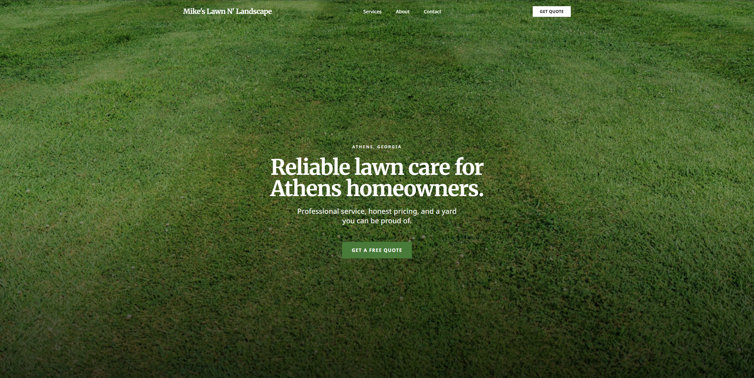 Screenshot of Mike's Lawn N' Landscape website showing a clean single-page design for a lawncare business