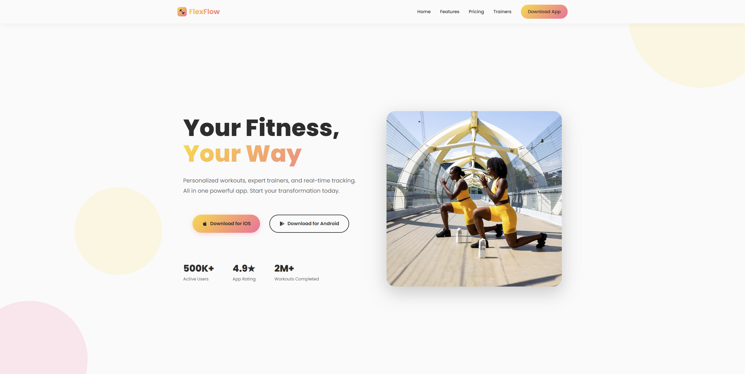 Screenshot of FlexFlow fitness app landing page with vibrant design and feature sections