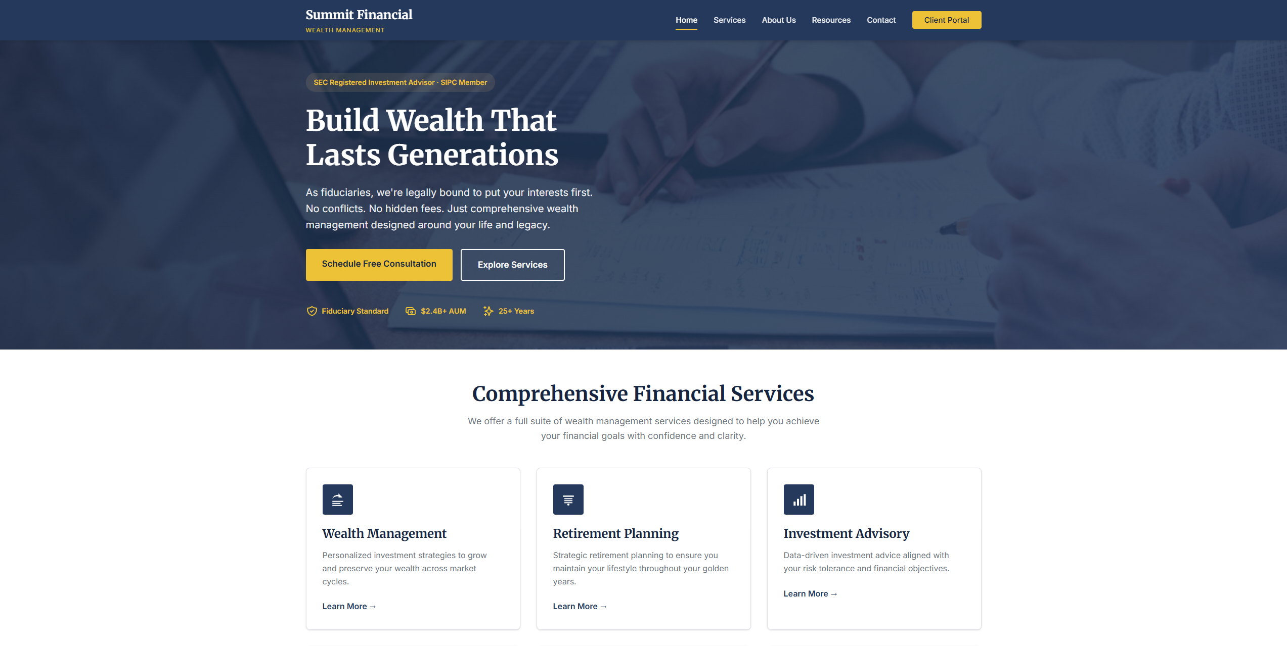 Screenshot of Summit Financial website featuring a professional layout for a wealth management firm