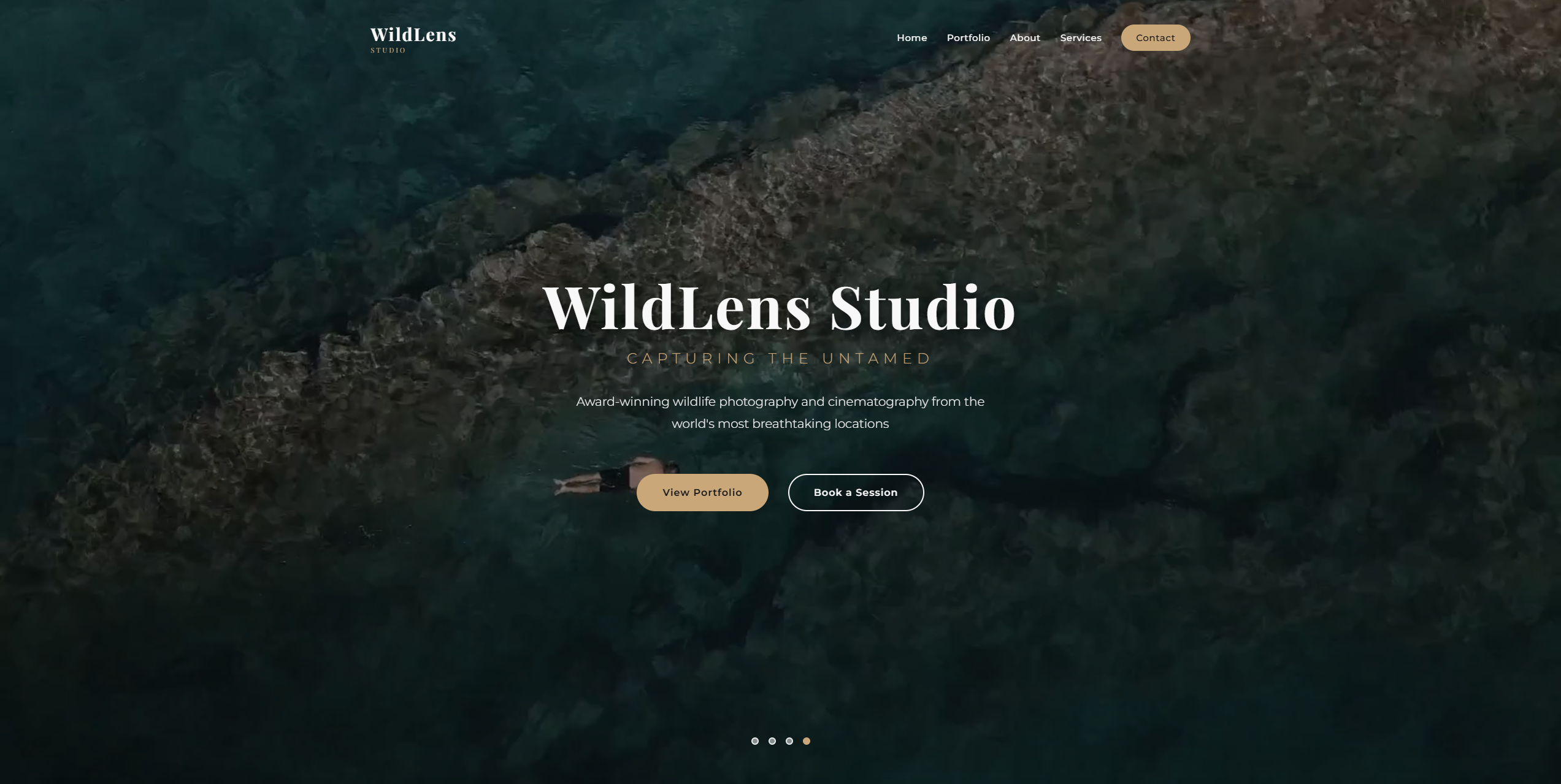 Screenshot of WildLens Studio portfolio website showcasing wildlife photography with immersive gallery design